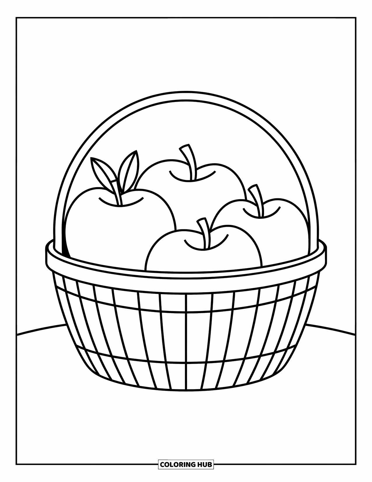 Coloriage d'automne pour enfants : Un panier rond contient des pommes, avec une feuille qui apparaît de façon ludique