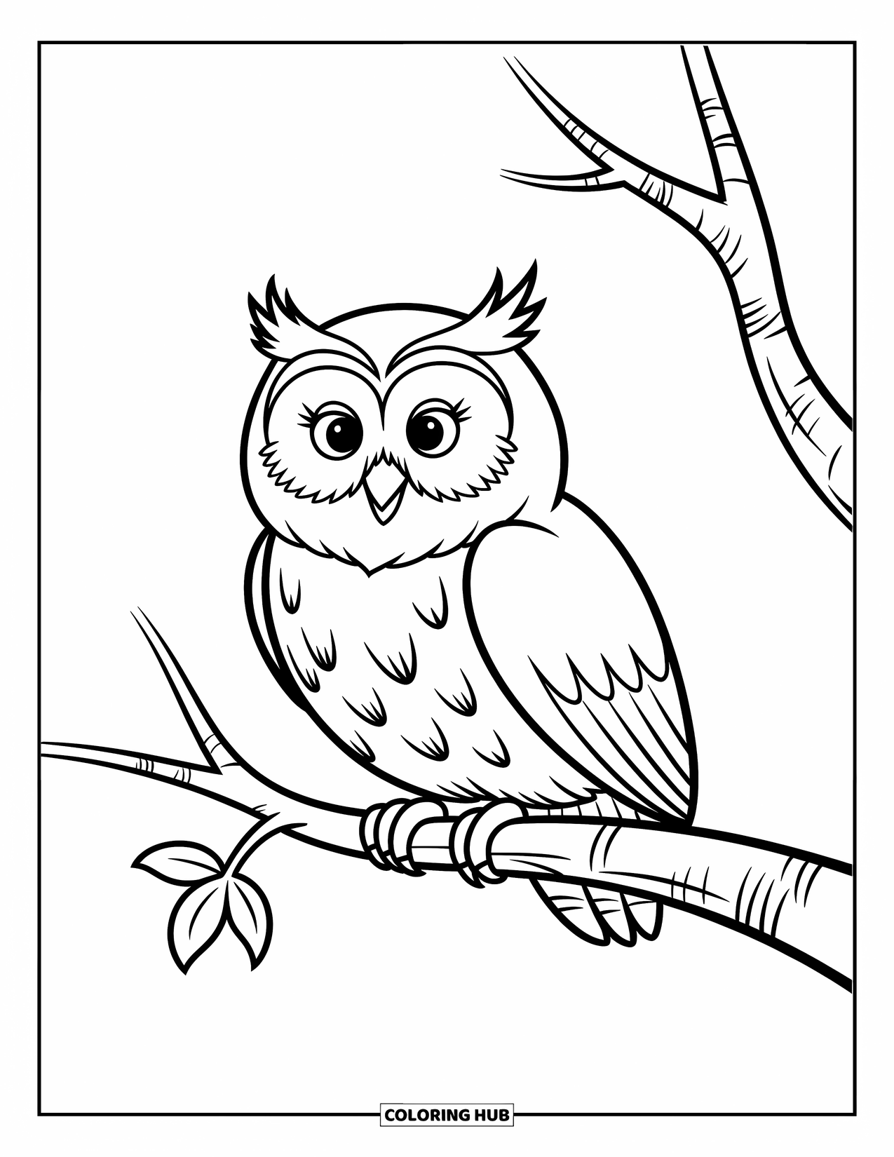 Coloriage d'automne pour enfants : Un hibou rond aux grands yeux se repose sur une branche à côté d'une feuille