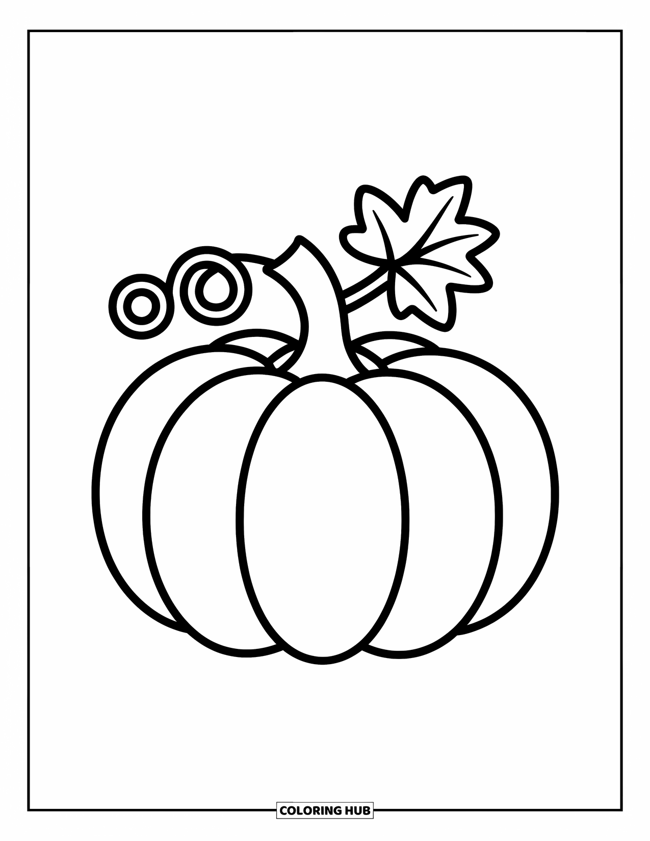Coloriage d'automne pour enfants : Une citrouille ronde avec une vigne bouclée et une petite feuille