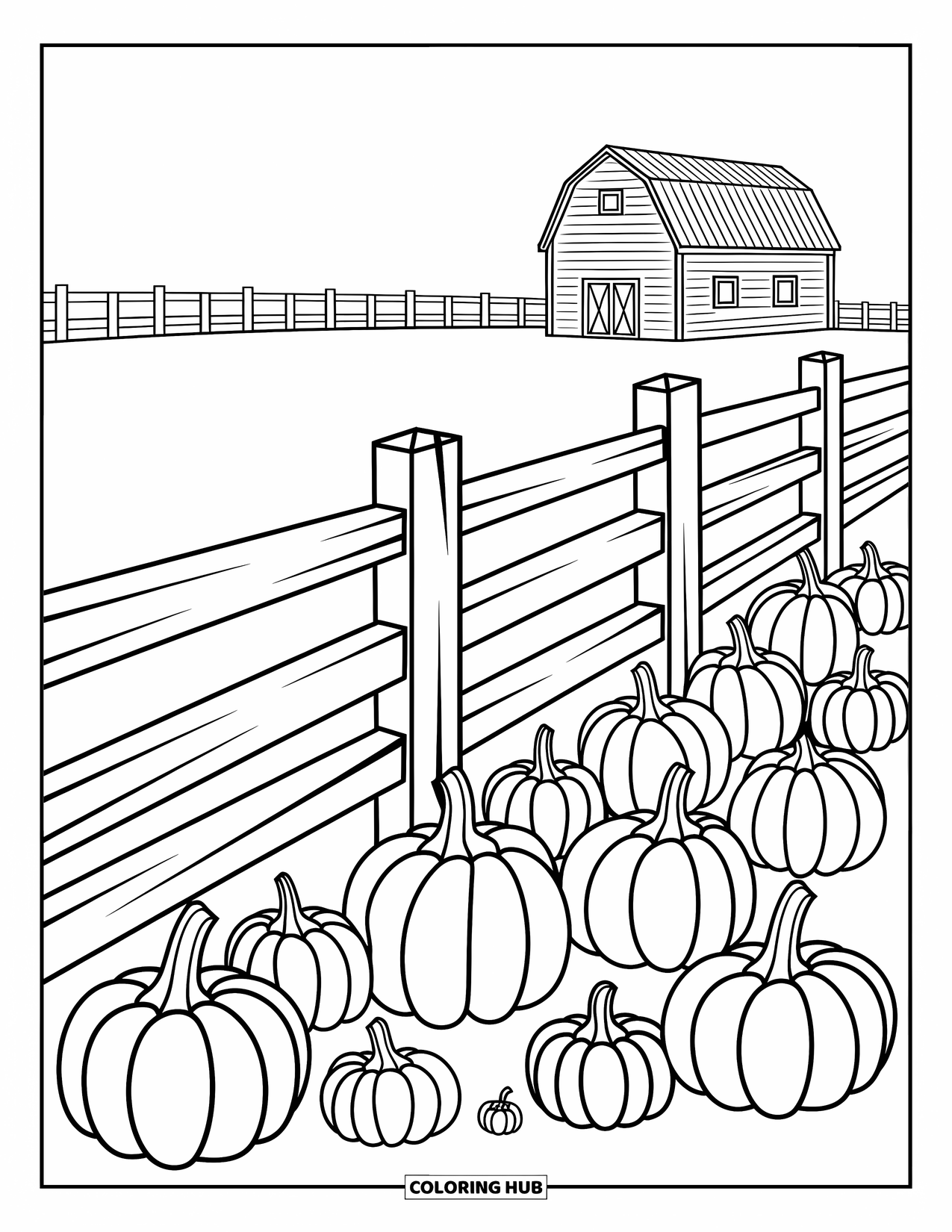 Coloriage d'automne pour enfants : Une clôture rustique guide la vue vers un champ de citrouilles et une grange éloignée