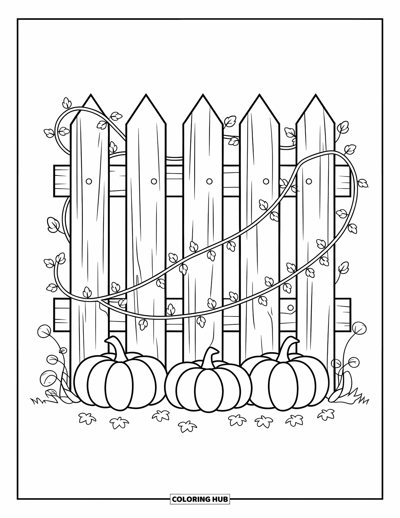 Coloriage d'automne pour enfants : Une clôture rustique avec des citrouilles et des vignes sinueuses autour