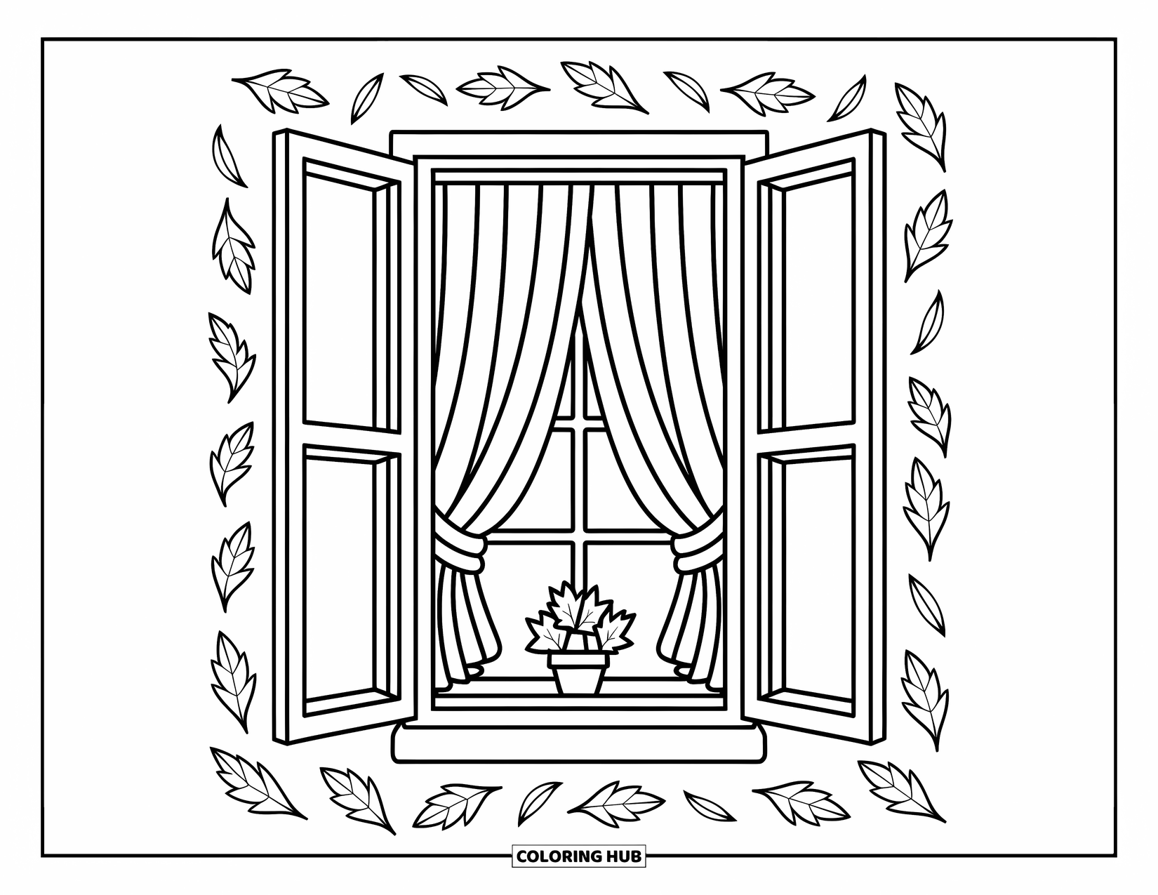 Coloriage d'automne pour enfants : Un cadre de fenêtre rustique avec un rideau ouvert révélant une petite plante à l'intérieur