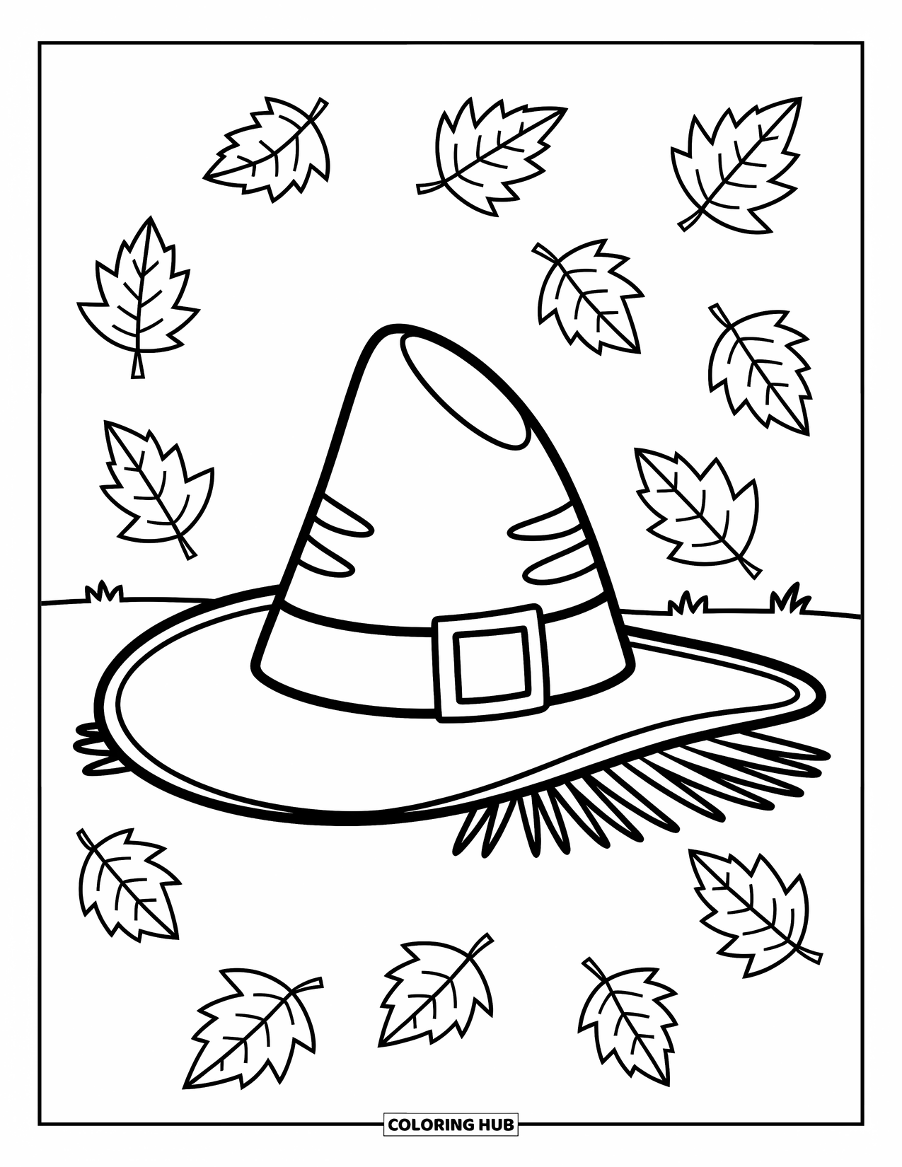 Coloriage d'automne pour enfants : Le chapeau d'un épouvantail repose sur le sol à côté de feuilles amusantes