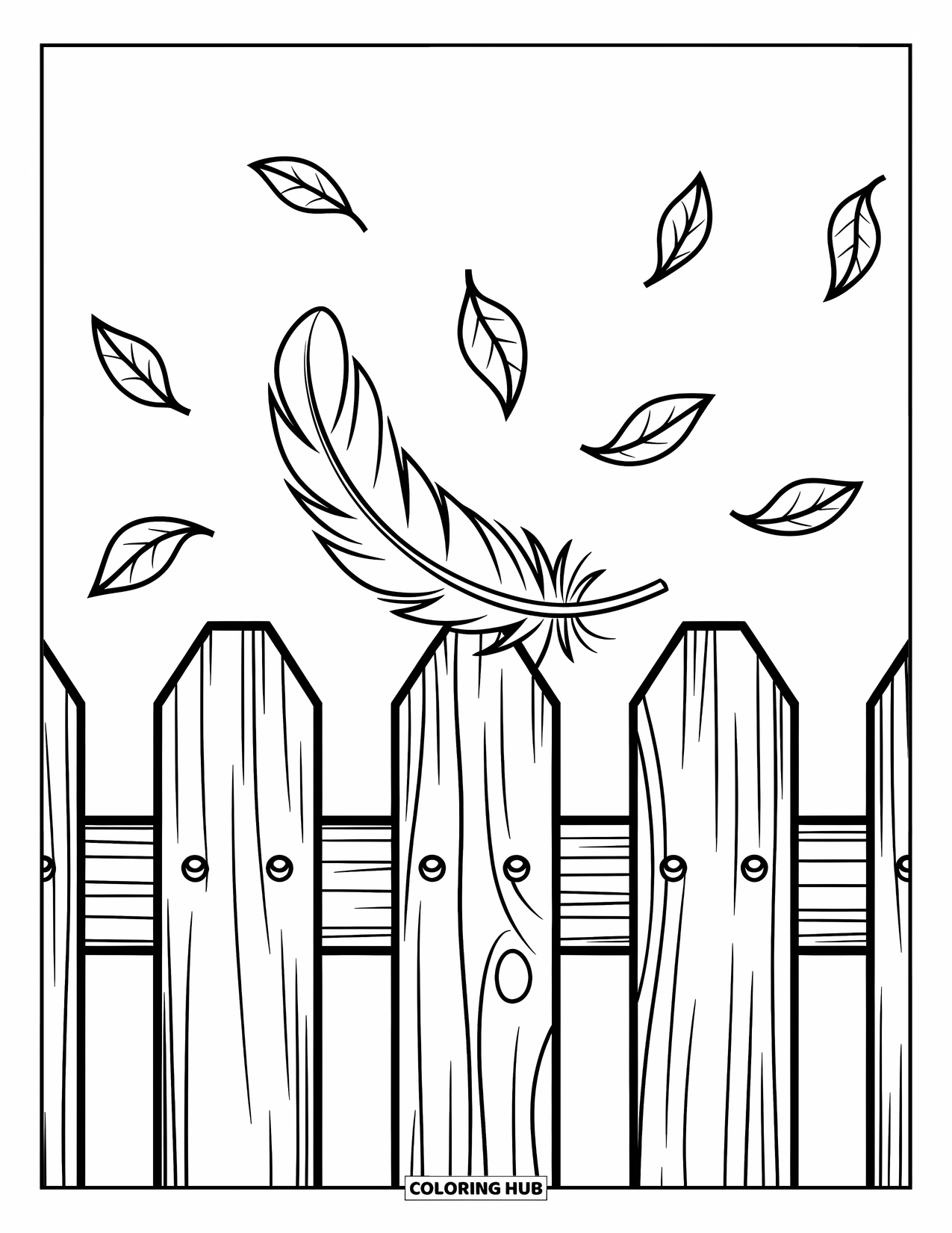 Coloriage d'automne pour enfants : Une seule plume repose sur une clôture en bois avec des feuilles dansant autour