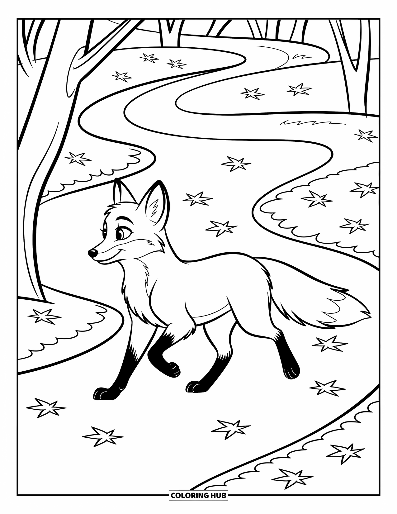 Coloriage d'automne pour enfants : Un renard élégant emprunte un chemin forestier sinueux avec des feuilles éparpillées autour