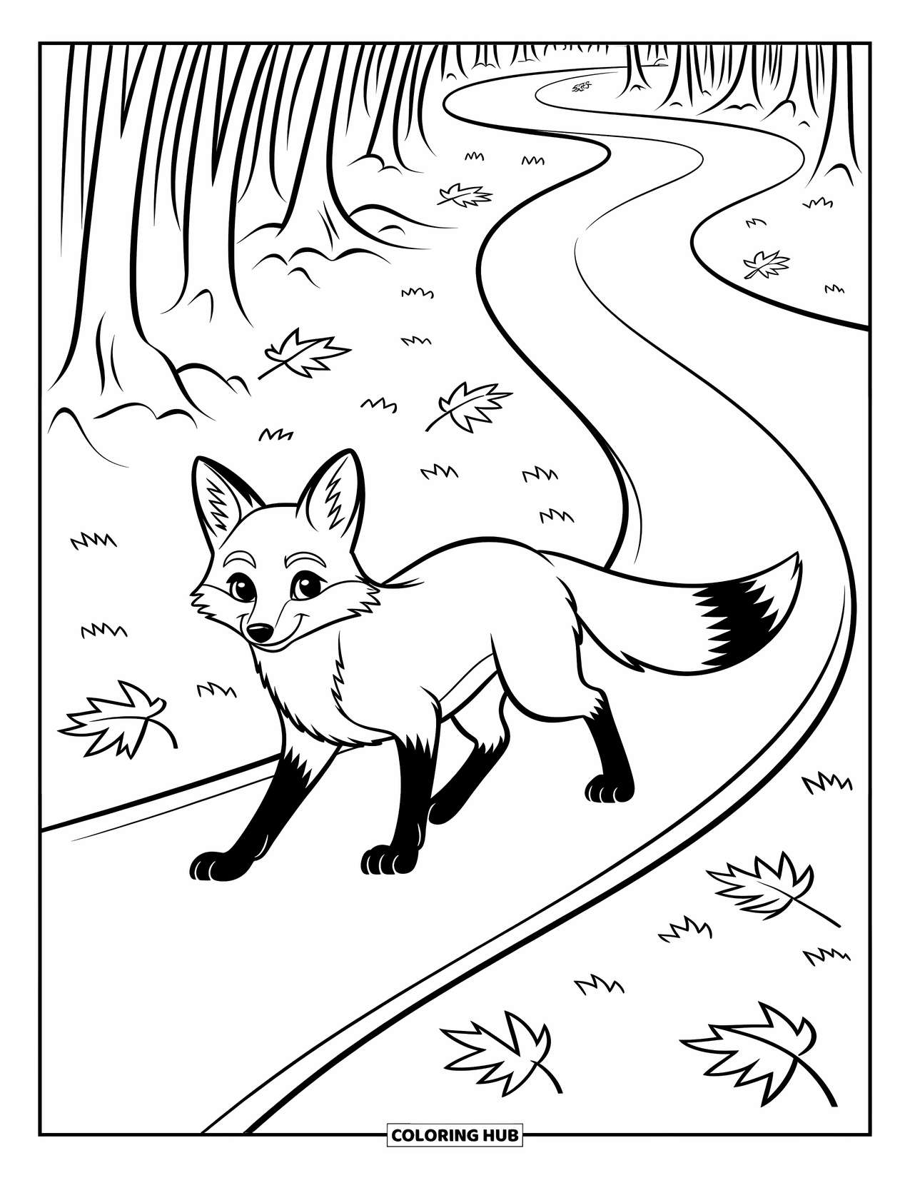 Coloriage d'automne pour enfants : Un renard élégant descend un sentier forestier sinueux entouré de feuilles éparses