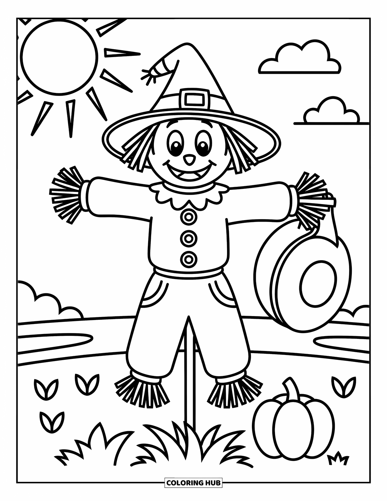 Coloriage d'automne pour enfants : Un épouvantail souriant dans un champ tenant un chapeau mou