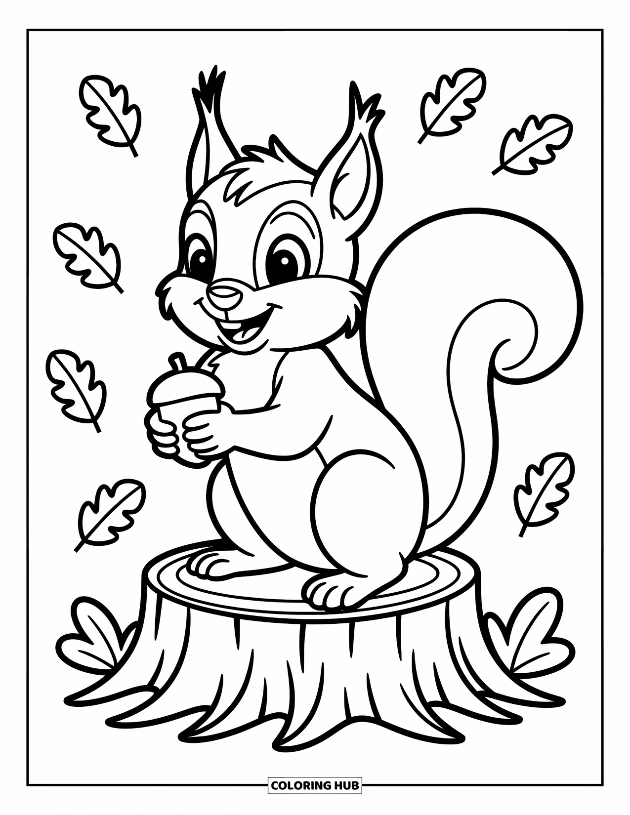 Coloriage d'automne pour enfants : Un écureuil souriant sur une souche tient un gland avec des feuilles à proximité