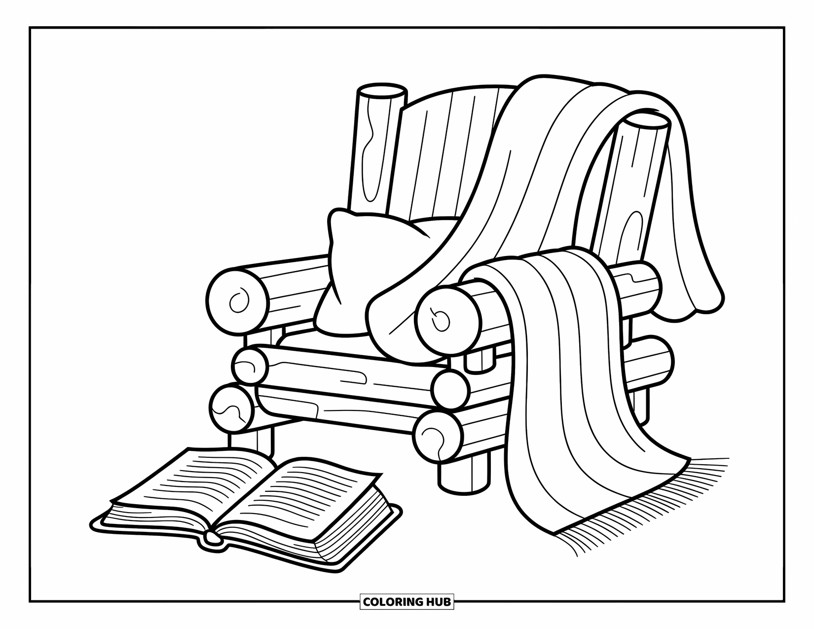 Coloriage d'automne pour enfants : Une couverture douce drapée sur une bûche avec un livre à proximité