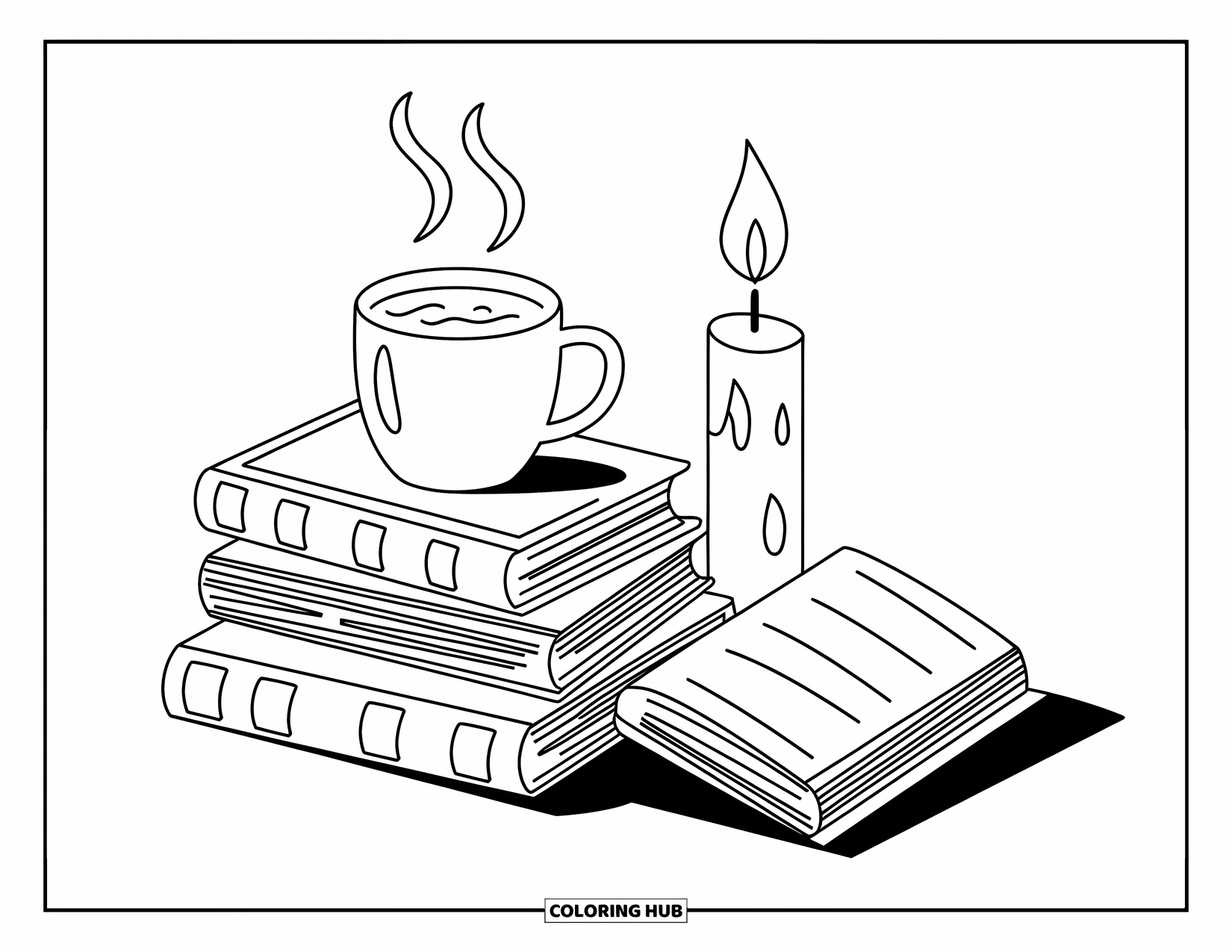 Coloriage d'automne pour enfants : Une pile de livres avec une boisson chaude sur le dessus et une bougie à côté