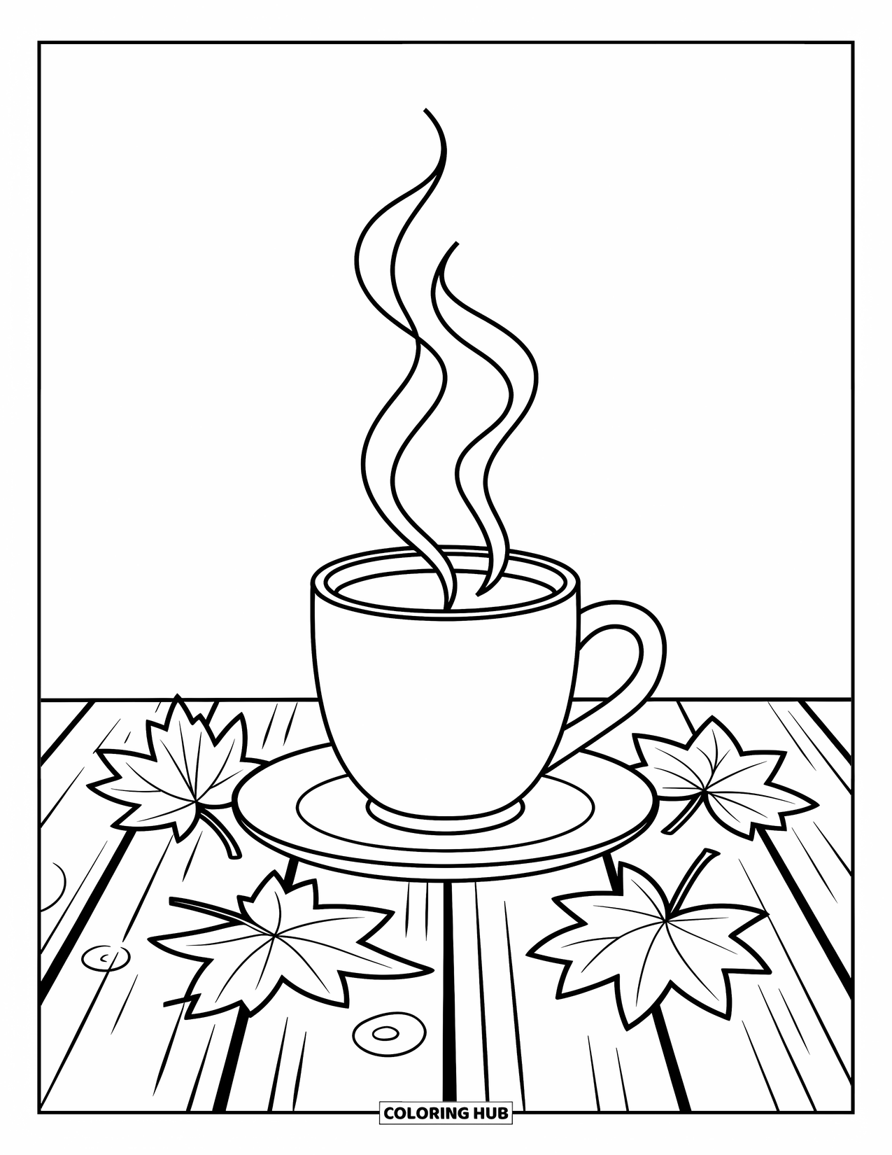 Coloriage d'automne pour enfants : Une tasse de cidre fumante repose sur une table en bois avec des feuilles d'automne éparpillées