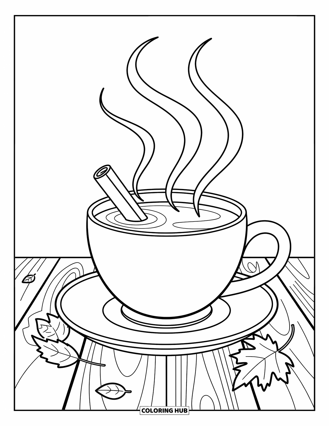 Coloriage d'automne pour enfants : Une tasse de cidre fumante avec un bâton de cannelle sur une table rustique