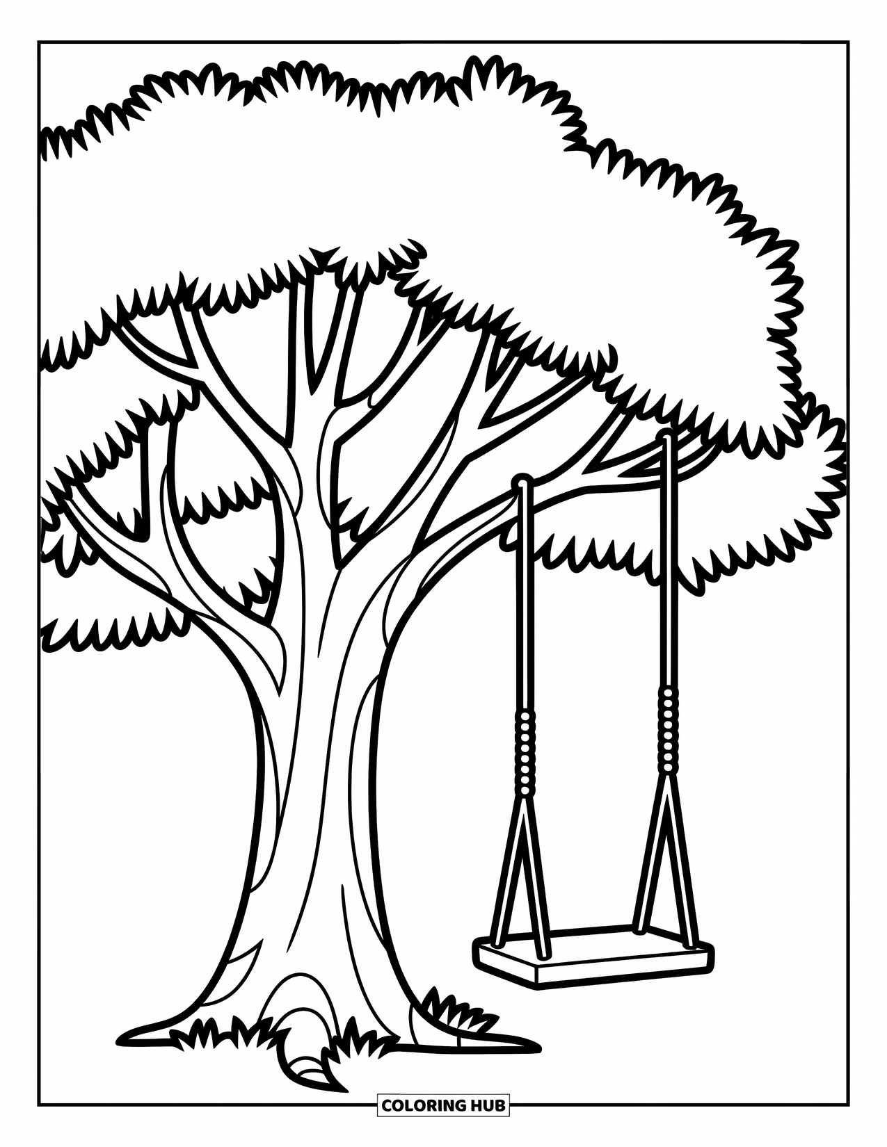 Coloriage d'automne pour enfants : Un arbre robuste avec une balançoire, invitant les petites imaginations à jouer
