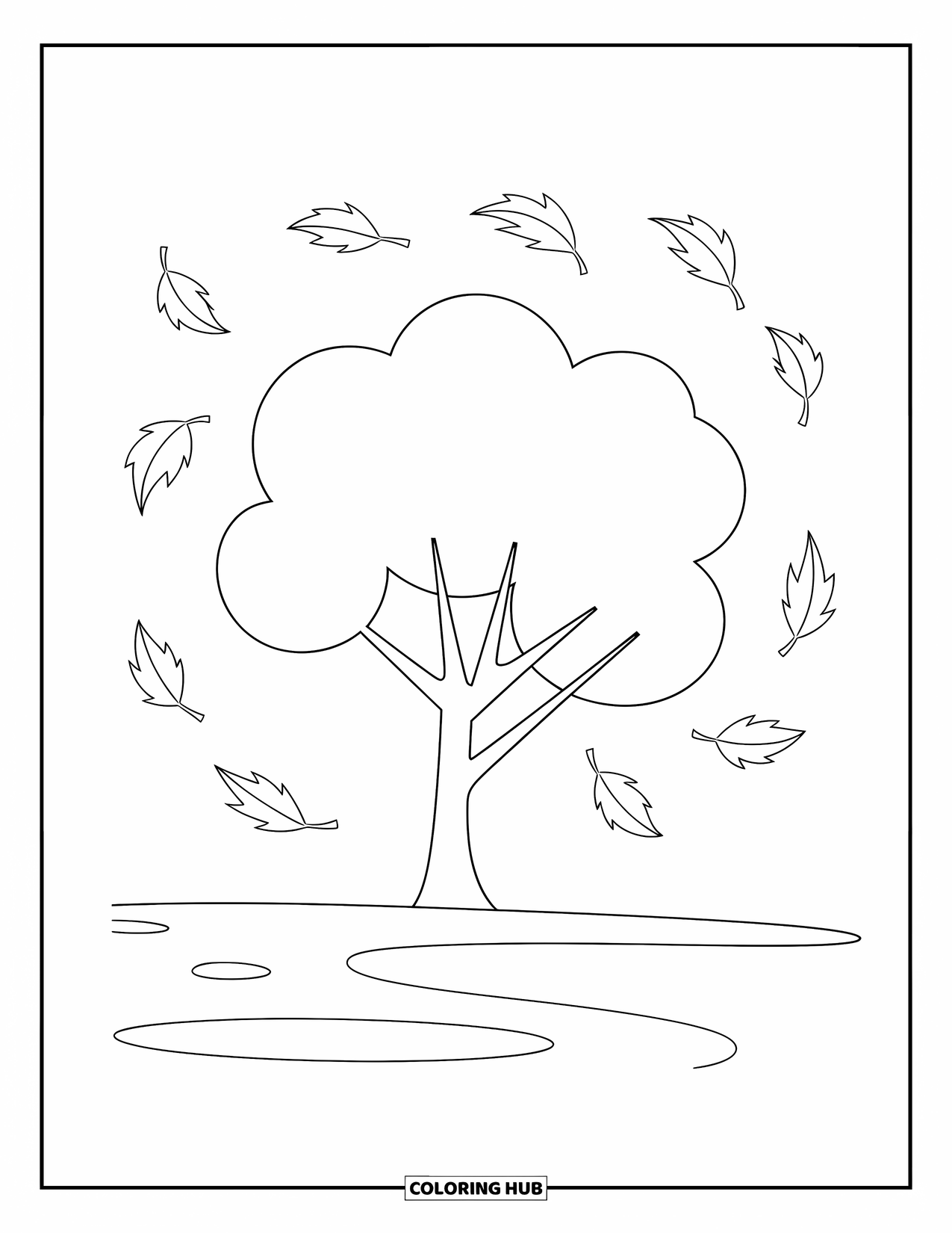 Coloriage d'automne pour enfants : Un arbre robuste avec des feuilles tombantes dansant autour de ses racines