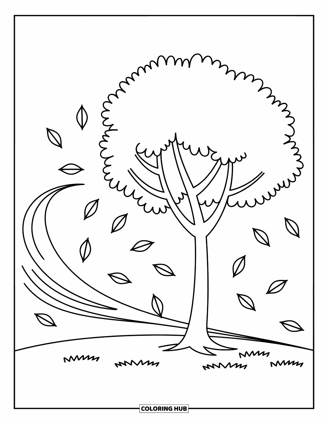 Coloriage d'automne pour enfants : Un grand arbre avec des feuilles tourbillonnant doucement autour de son tronc