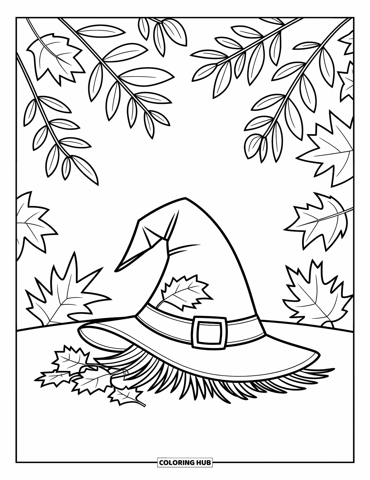 Coloriage d'automne pour enfants : Un chapeau incliné sur le sol avec des feuilles éparpillées à proximité