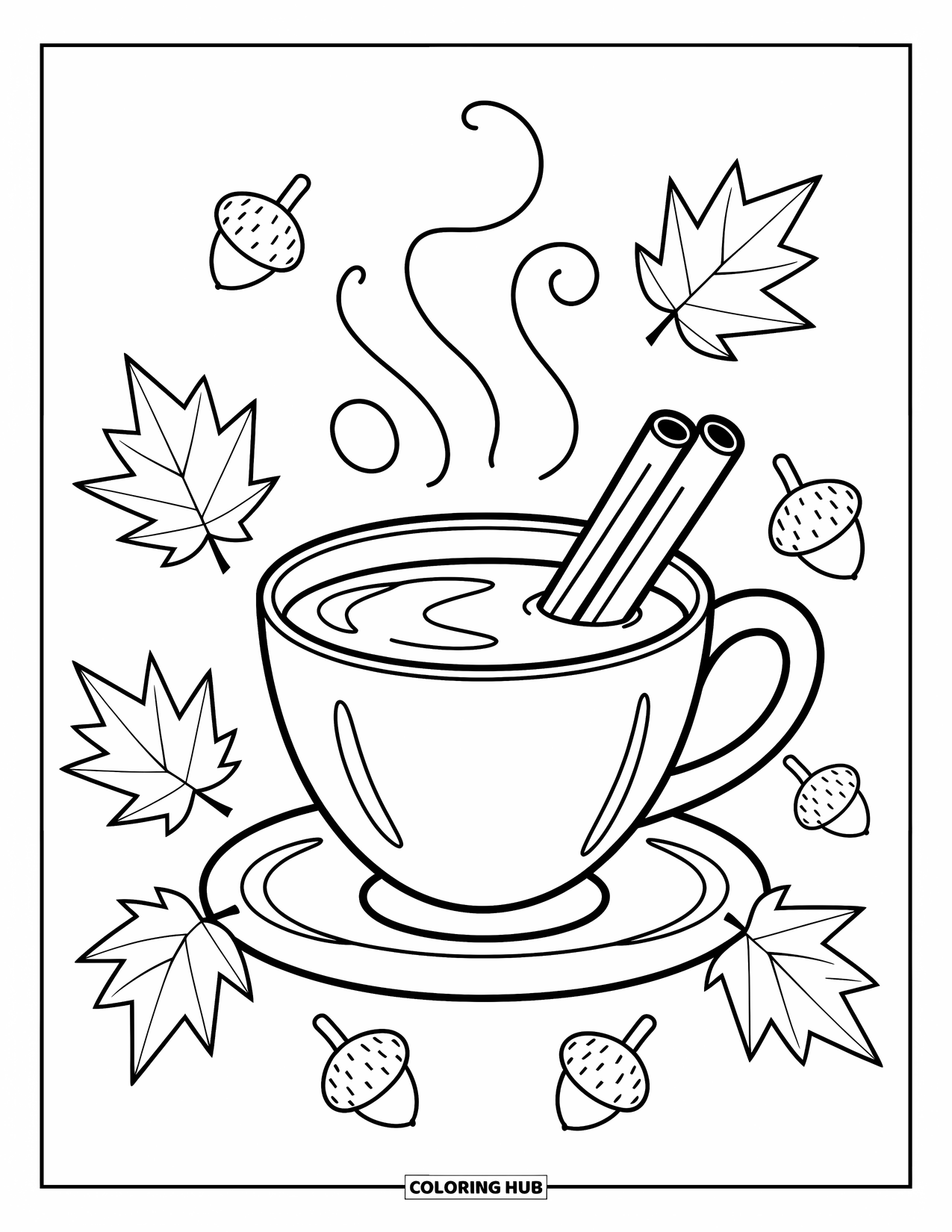 Coloriage d'automne pour enfants : Une petite cabane en rondins entourée d'arbres et de détails forestiers fantaisistes