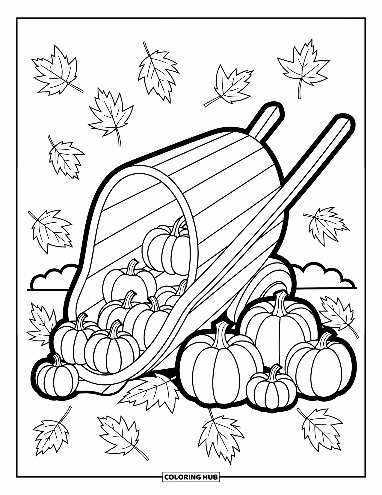 Coloriage d'automne pour enfants : Une brouette renversée déverse des pommes et des citrouilles entourées de feuilles tourbillonnantes