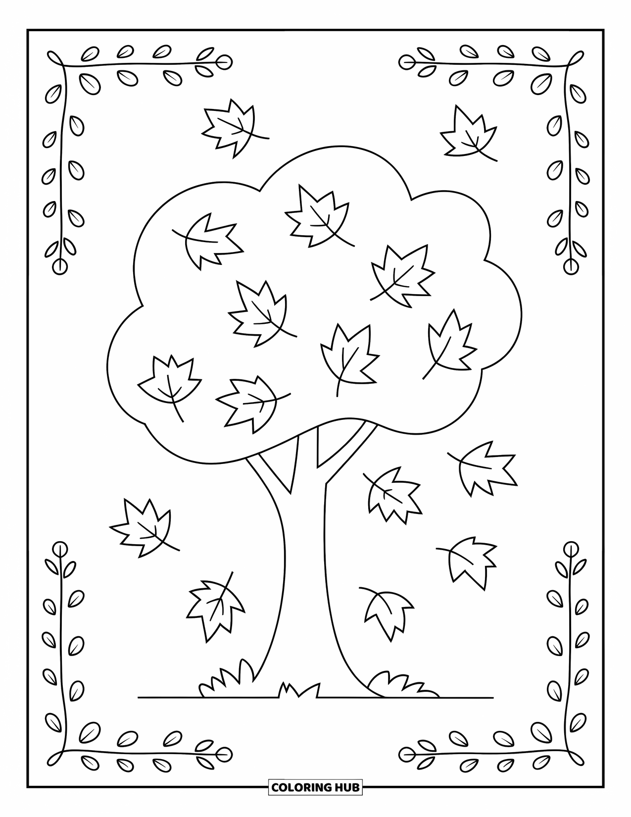 Coloriage d'automne pour enfants : Un arbre avec des branches tendues et des feuilles tourbillonnantes à sa base