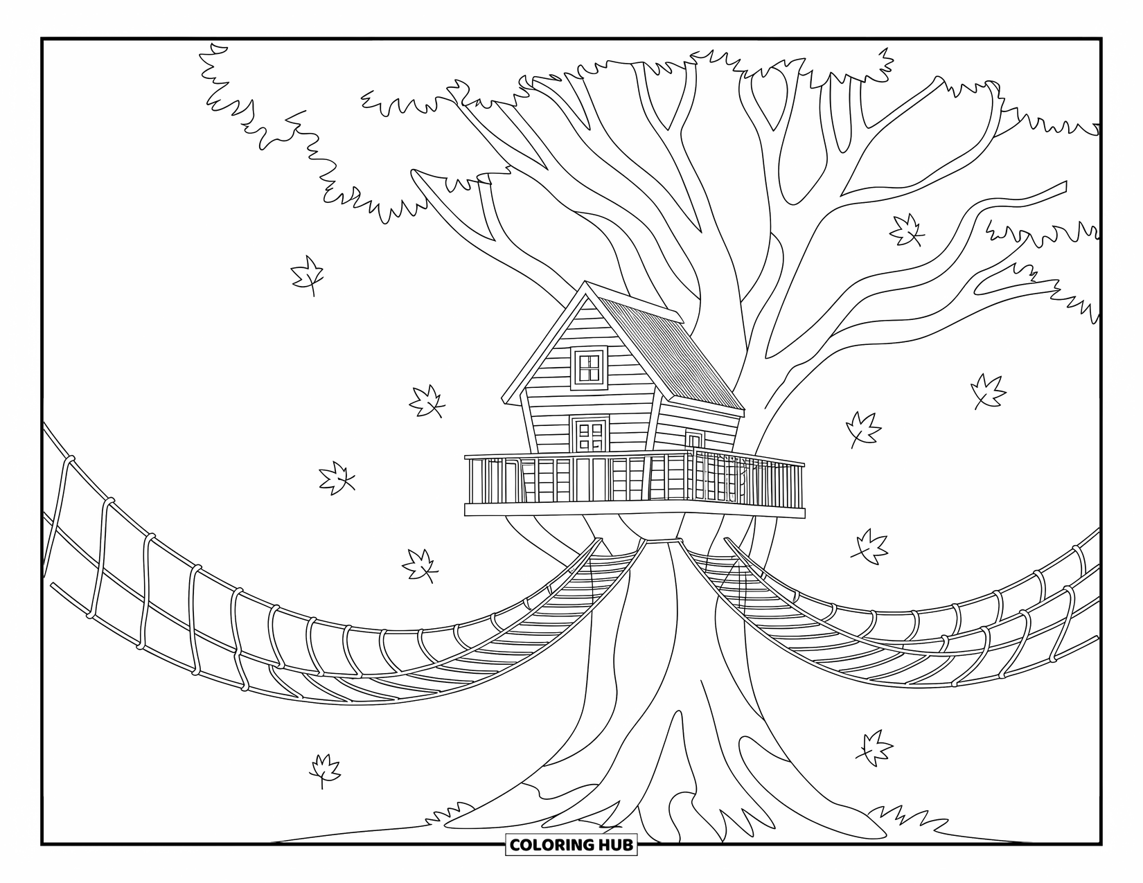 Coloriage d'automne pour enfants : Une cabane dans les arbres nichée parmi de hautes branches avec des feuilles tombant tout autour