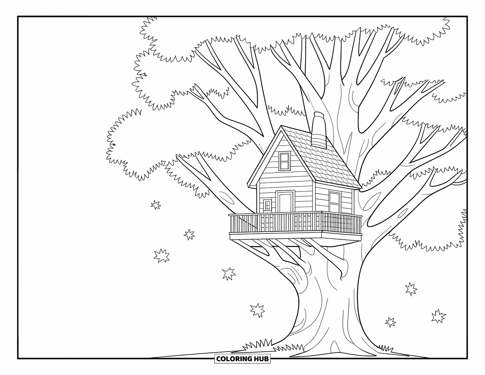 Coloriage d'automne pour enfants : Une cabane dans les arbres perchée dans un grand arbre avec des feuilles amusantes et des branches complexes