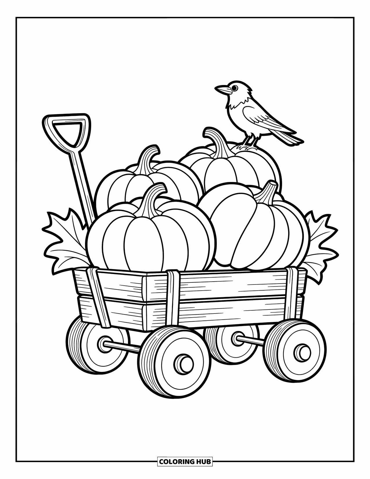 Coloriage d'automne pour enfants : Un chariot débordant de citrouilles et un petit corbeau qui regarde à proximité