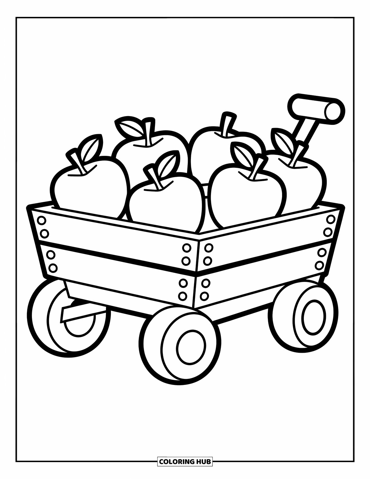 Coloriage d'automne pour enfants : Un chariot plein de pommes prêt pour une joyeuse journée d'automne