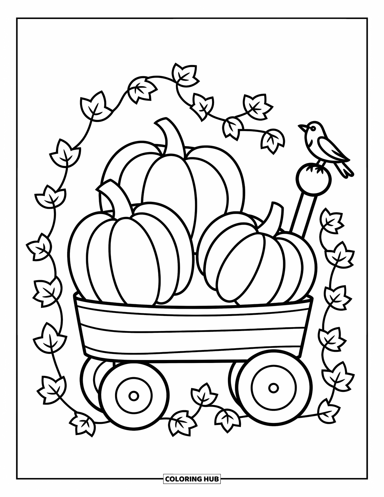 Coloriage d'automne pour enfants : Un chariot rempli de citrouilles avec un minuscule corbeau sur la poignée