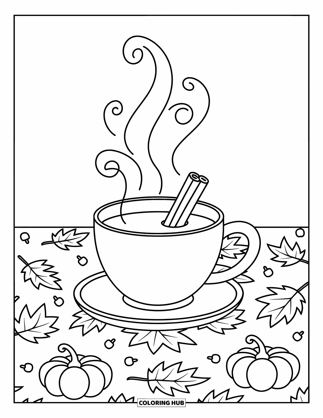 Coloriage d'automne pour enfants : Une tasse de cidre chaude sur une nappe avec des feuilles et des citrouilles