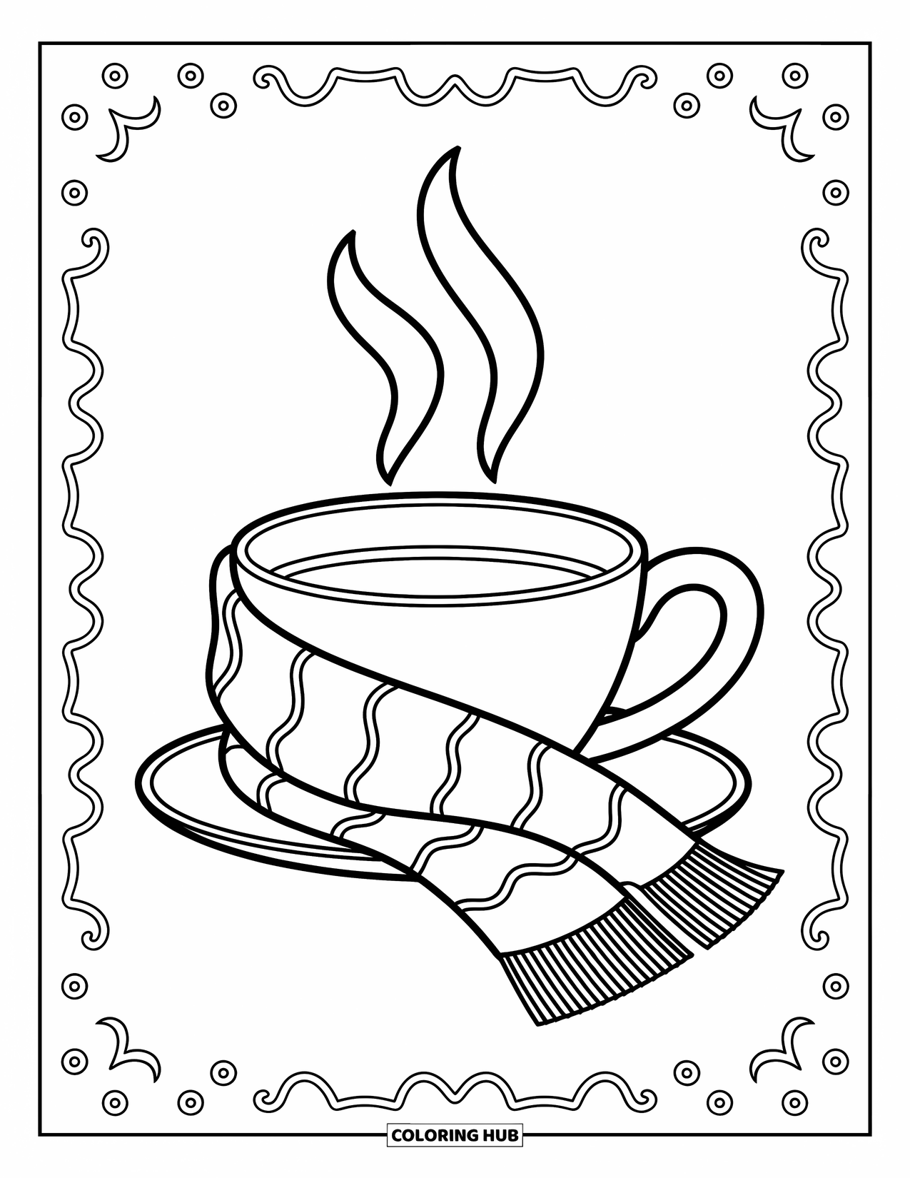 Coloriage d'automne pour enfants : Une écharpe chaude enroulée autour d'une tasse avec de la vapeur s'élevant doucement