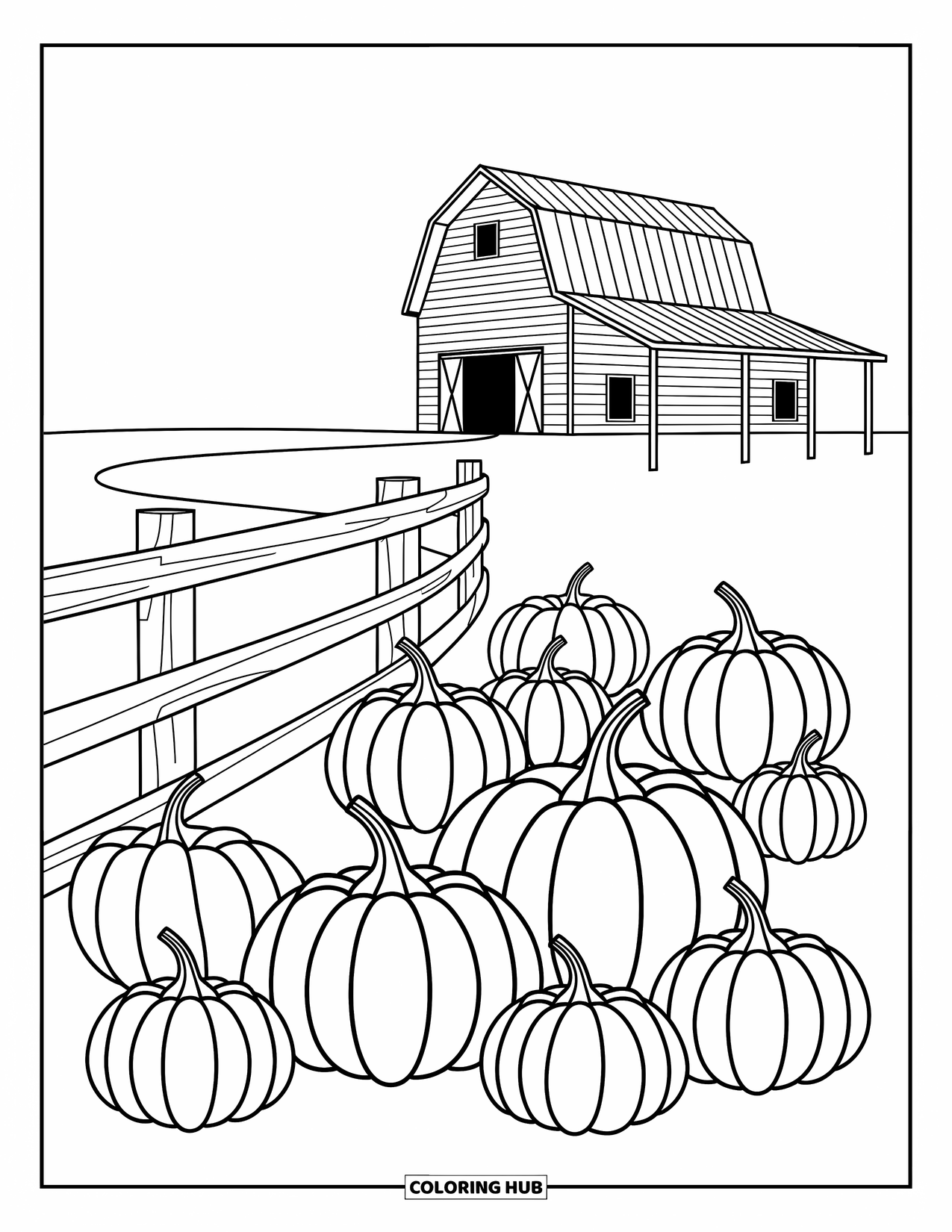 Coloriage d'automne pour enfants : Une clôture sinueuse mène à une grange et à un champ de citrouilles rempli de formes amusantes
