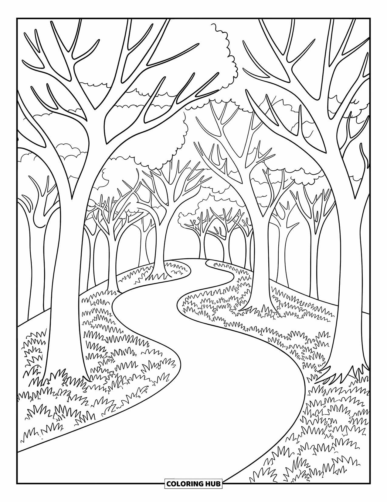 Coloriage d'automne pour enfants : Un chemin sinueux à travers des arbres d'automne avec des branches gracieuses et des feuilles tourbillonnantes
