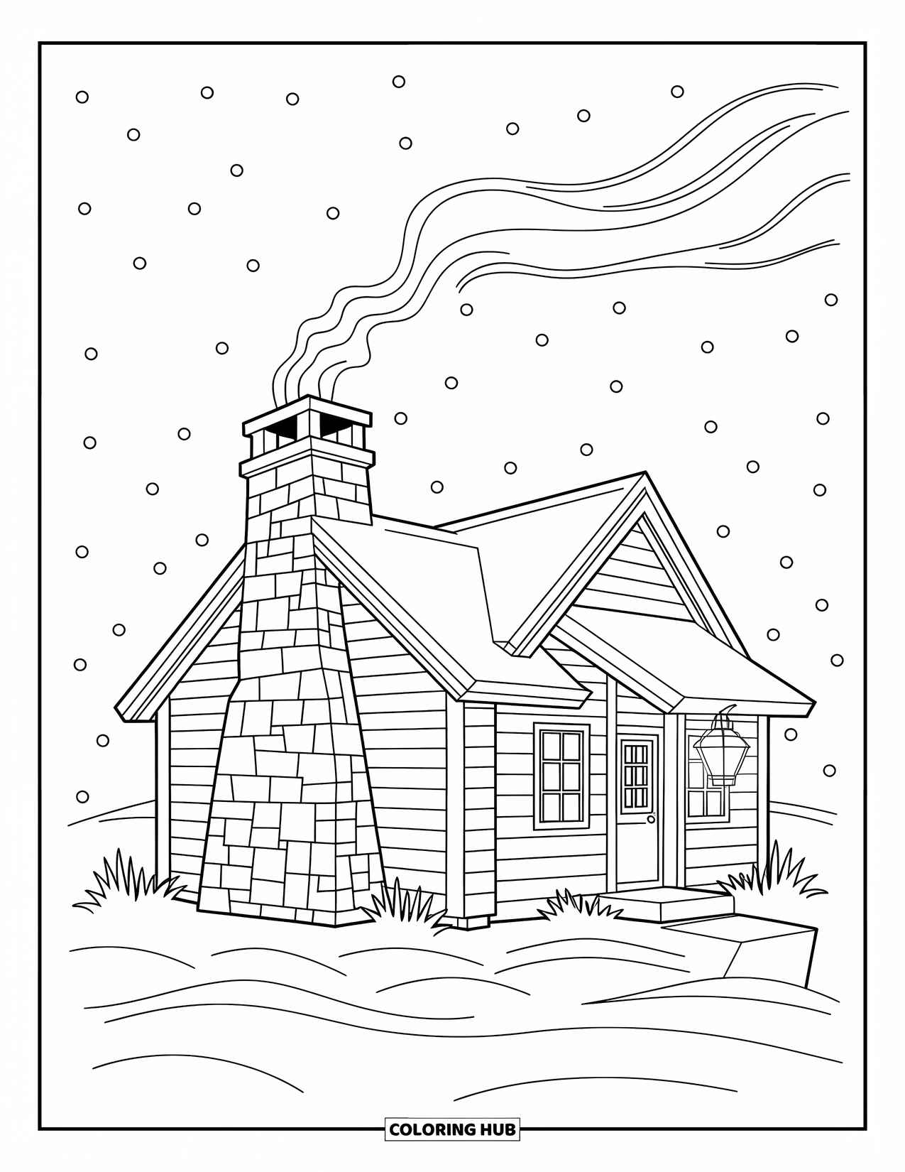 Coloriage d'automne pour enfants : Une cabane en bois avec de la fumée qui s'échappe de la cheminée et une lanterne près de la porte