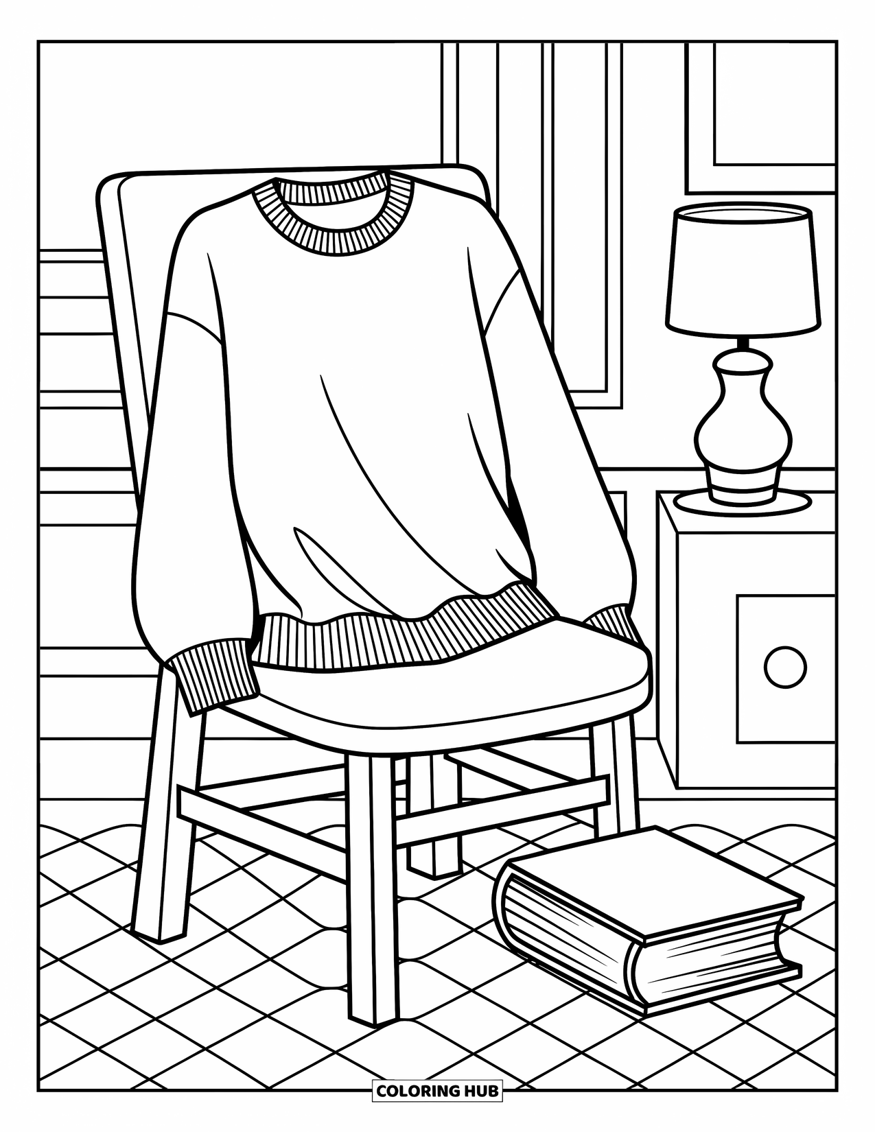 Coloriage d'automne pour enfants : Une chaise en bois avec un pull doux et un livre ouvert à côté