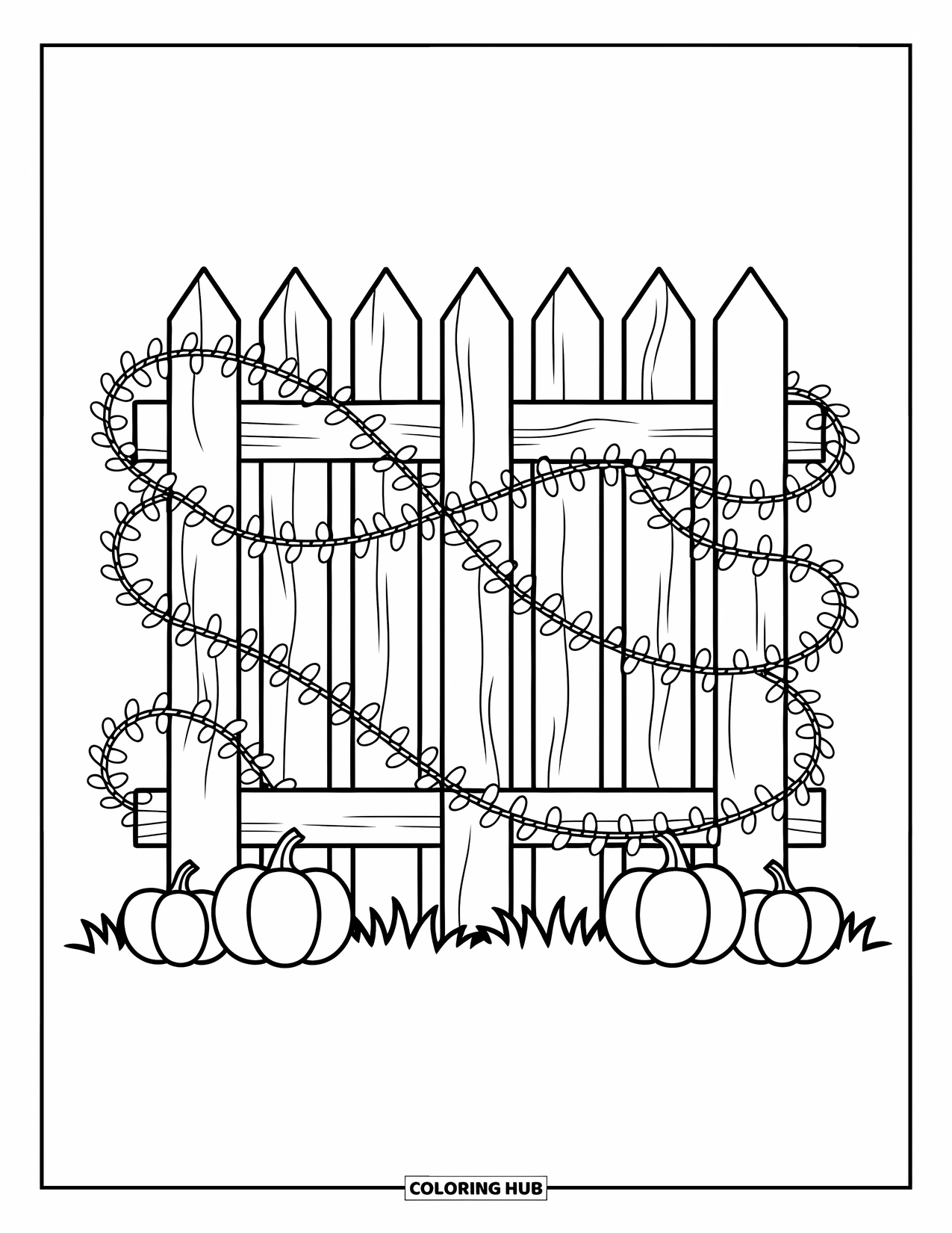 Coloriage d'automne pour enfants : Une clôture en bois entourée de vignes, de citrouilles et de feuilles flottantes