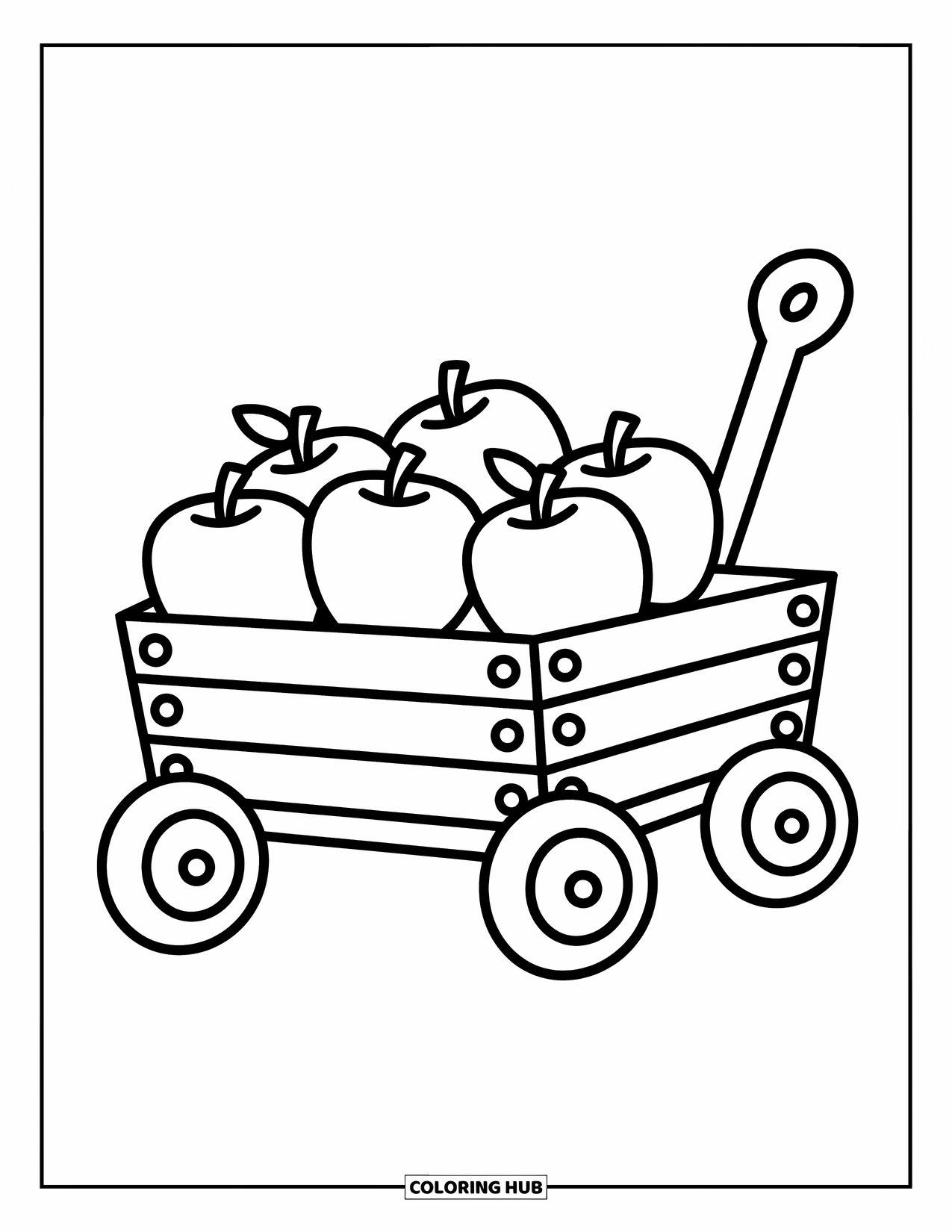 Coloriage d'automne pour enfants : Un chariot en bois rempli de pommes assis dans un verger