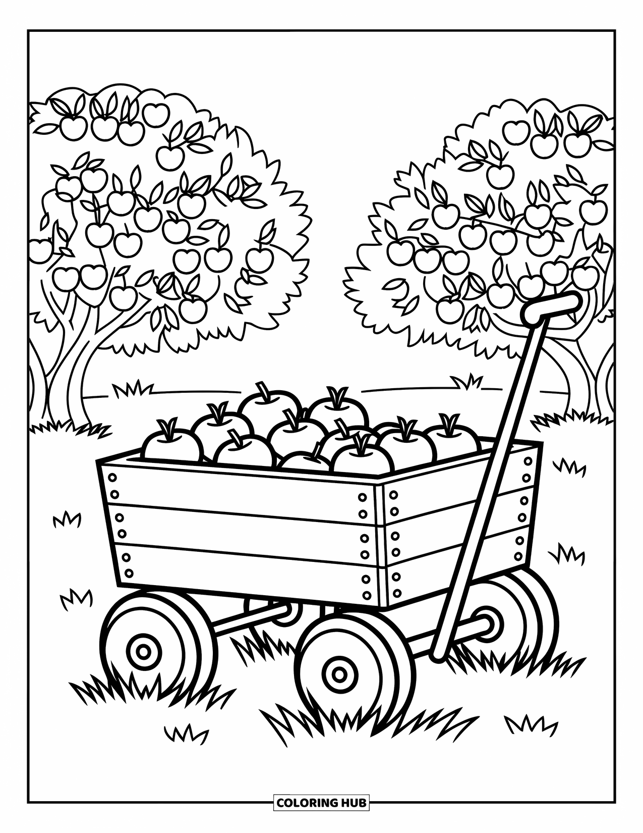 Coloriage d'automne pour enfants : Un chariot en bois chargé de pommes sous un ciel ensoleillé