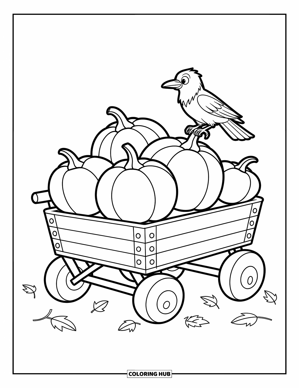 Coloriage d'automne pour enfants : Un chariot en bois avec des citrouilles et un corbeau assis sur la poignée