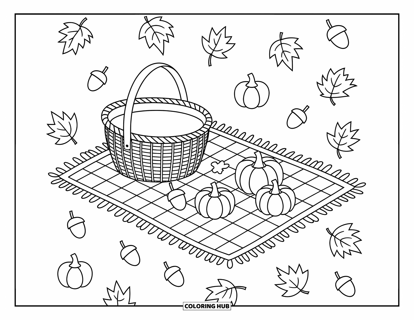 Coloriage d'automne pour enfants : Un panier tissé et une couverture avec des glands, des citrouilles et des feuilles d'automne amusants