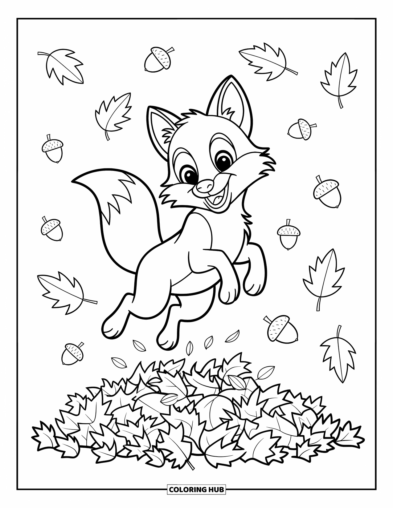 Coloriage d'automne pour enfants : Un hibou aux ailes ouvertes planant devant un arbre avec des branches tourbillonnantes