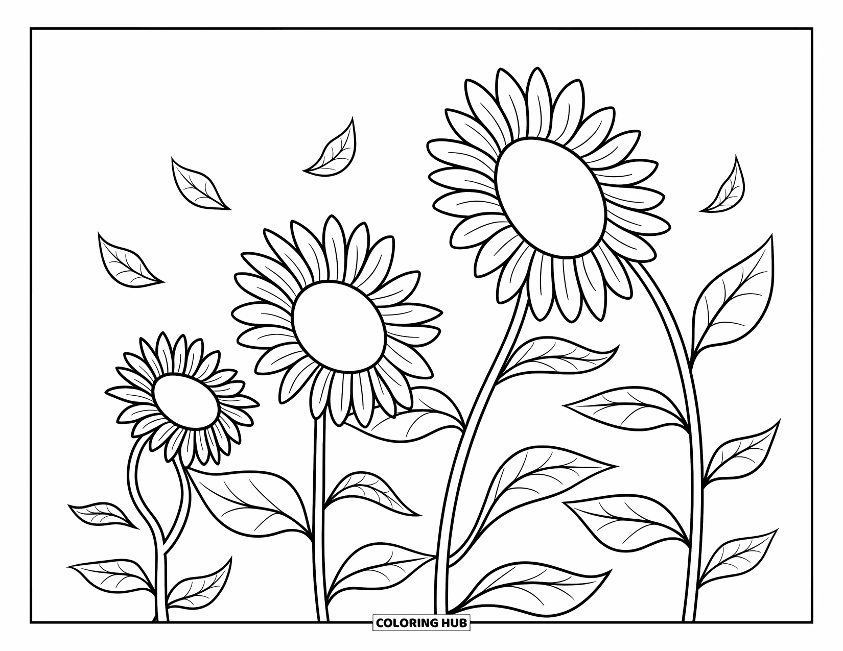 Coloriage d'automne pour enfants : Des tournesols penchés avec des feuilles amusantes flottant à proximité