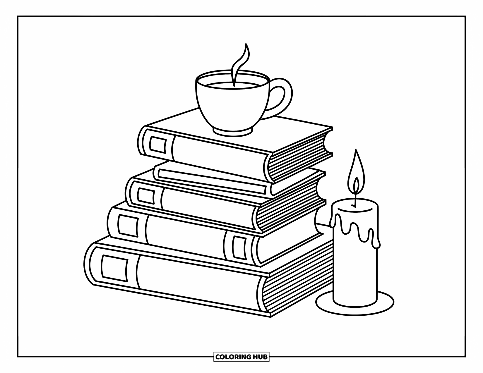Coloriage d'automne pour enfants : Des livres empilés soigneusement avec de la vapeur s'élevant d'une boisson et une bougie vacillante à proximité