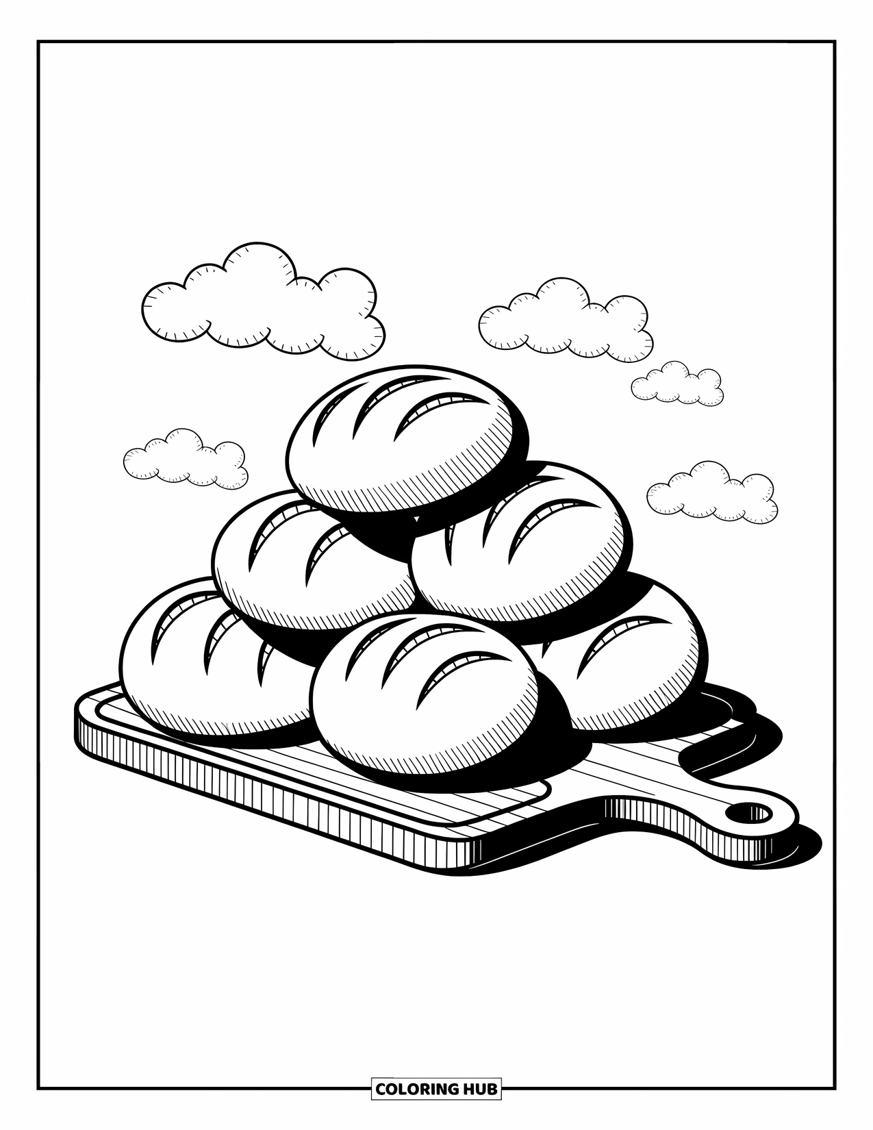 Coloriage d'automne pour enfants : Des petits pains moelleux sur une planche en bois avec des motifs simples de grain de bois