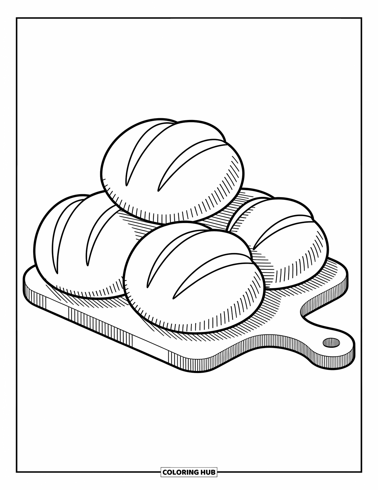 Coloriage d'automne pour enfants : Des petits pains frais reposent sur une planche à découper rustique avec des formes douces et arrondies