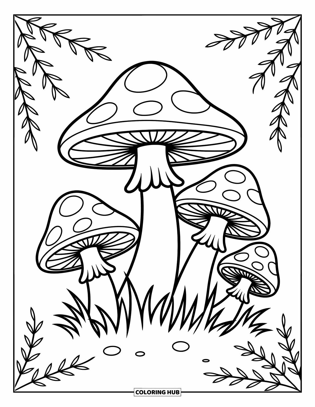 Coloriage d'automne pour enfants : Des champignons amusants avec des pois et des spirales dans un décor forestier