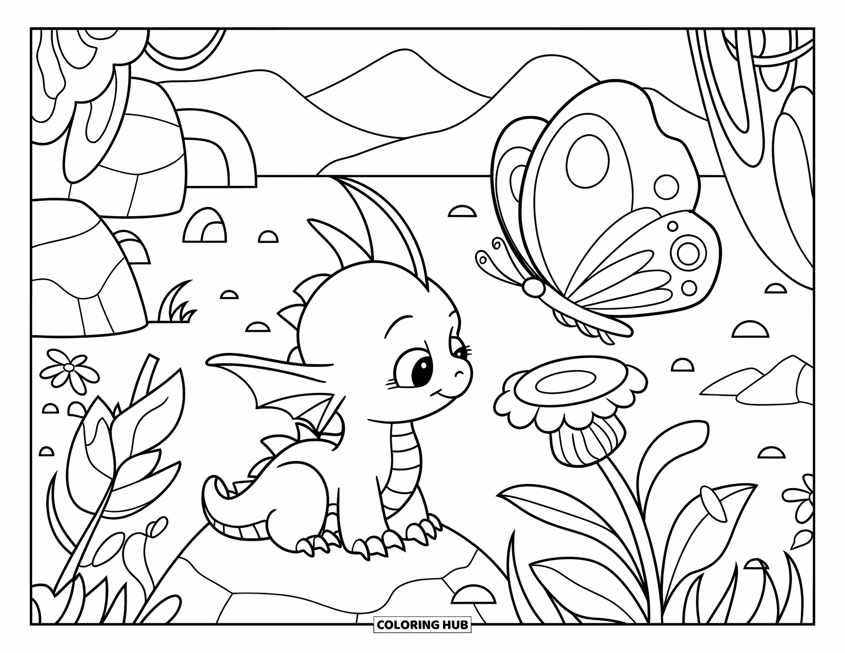 Disegno da colorare per adulti: Un draghetto e una farfalla si rilassano in un giardino tranquillo pieno di fiori e rocce