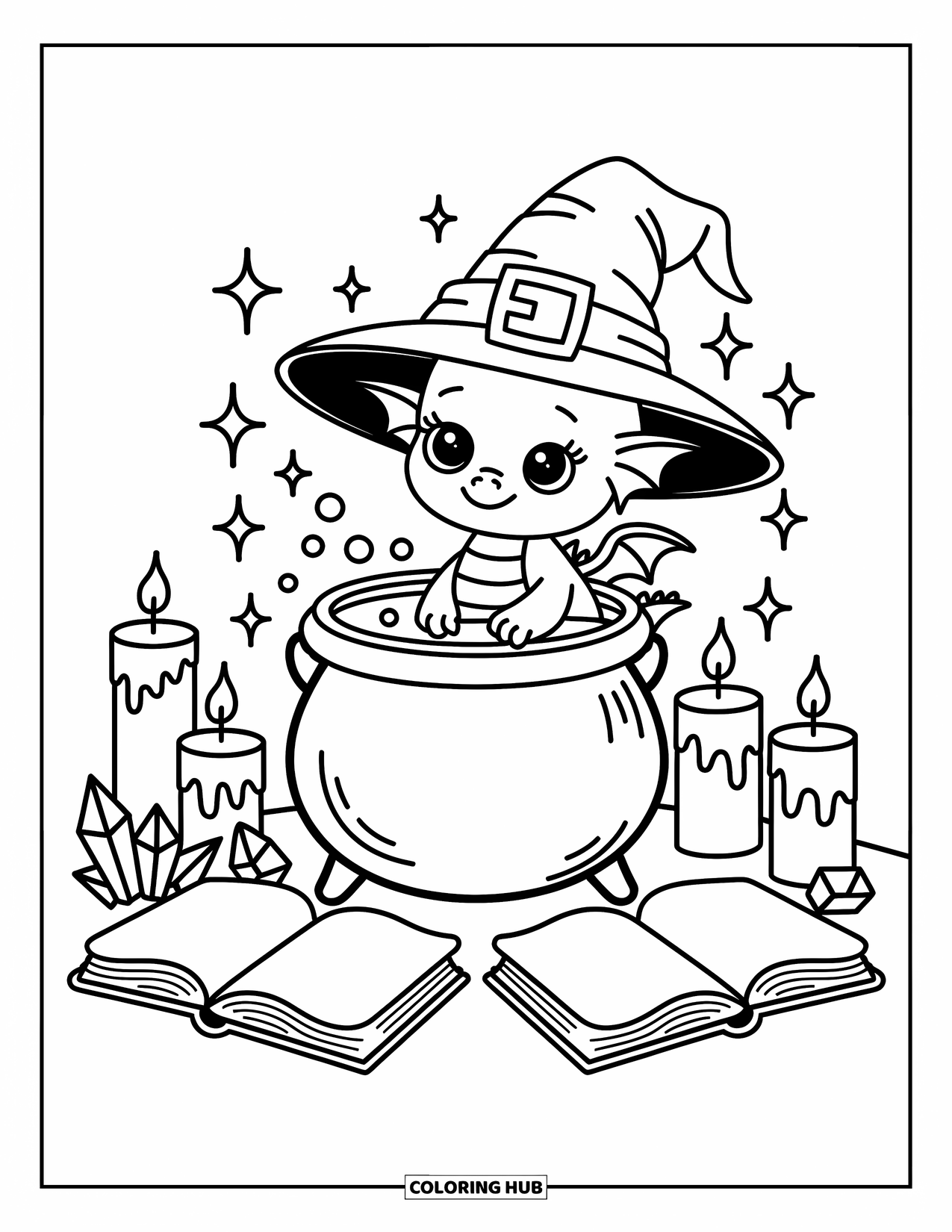 Disegno da colorare per adulti: Un draghetto con un cappello da mago siede accanto a un calderone magico con stelle fluttuanti