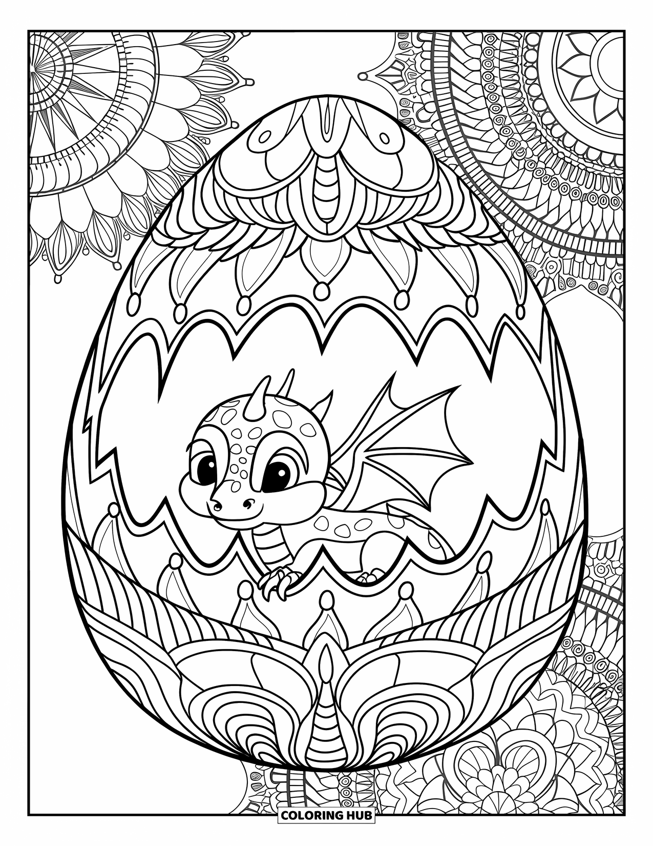 Disegno da colorare per adulti: Un draghetto si annida in un uovo decorato circondato da disegni floreali mandala