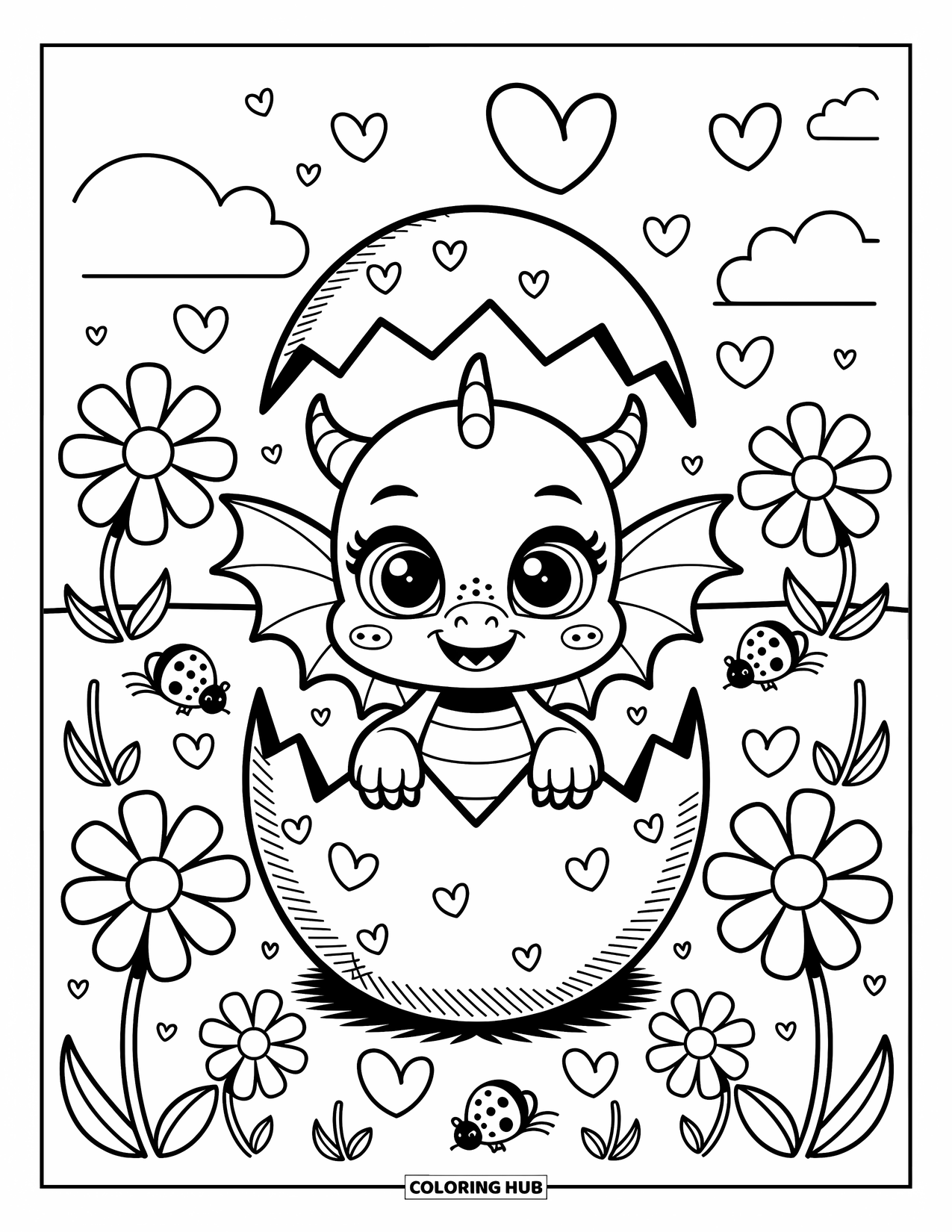 Disegno di un cucciolo di drago da colorare per adulti: Un cucciolo di drago sbircia da un uovo sotto cuori fluttuanti e fiori oversize