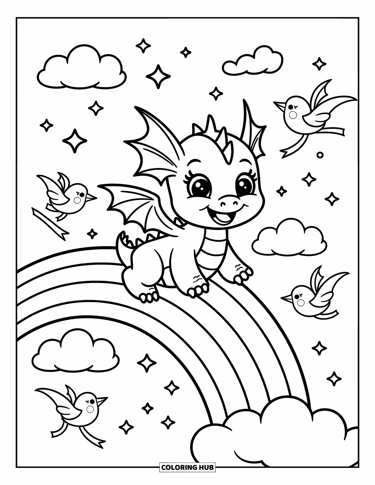 Disegno da colorare per adulti: Un draghetto cavalca un arcobaleno mentre uccelli con nastri lo acclamano